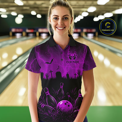 Purple Halloween Bowling Shirt, Personalized Skeleton Bowling Shirt With Custom Team Name For Women NHT1525