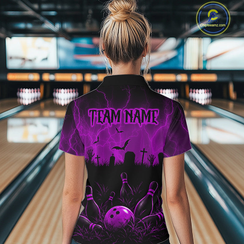 Purple Halloween Bowling Shirt, Personalized Skeleton Bowling Shirt With Custom Team Name For Women NHT1525