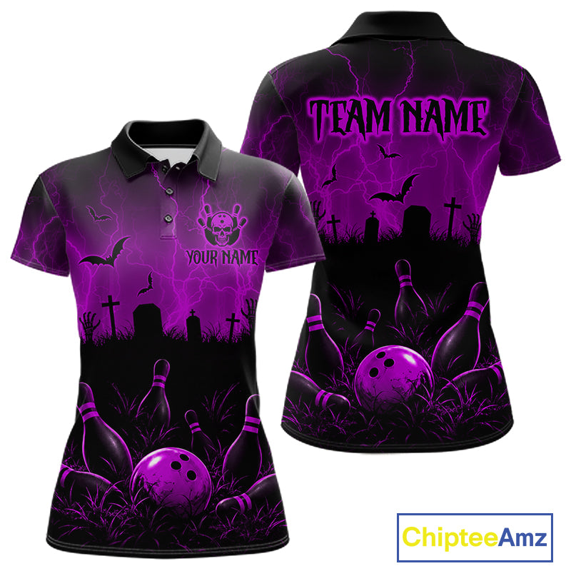 Purple Halloween Bowling Shirt, Personalized Skeleton Bowling Shirt With Custom Team Name For Women NHT1525