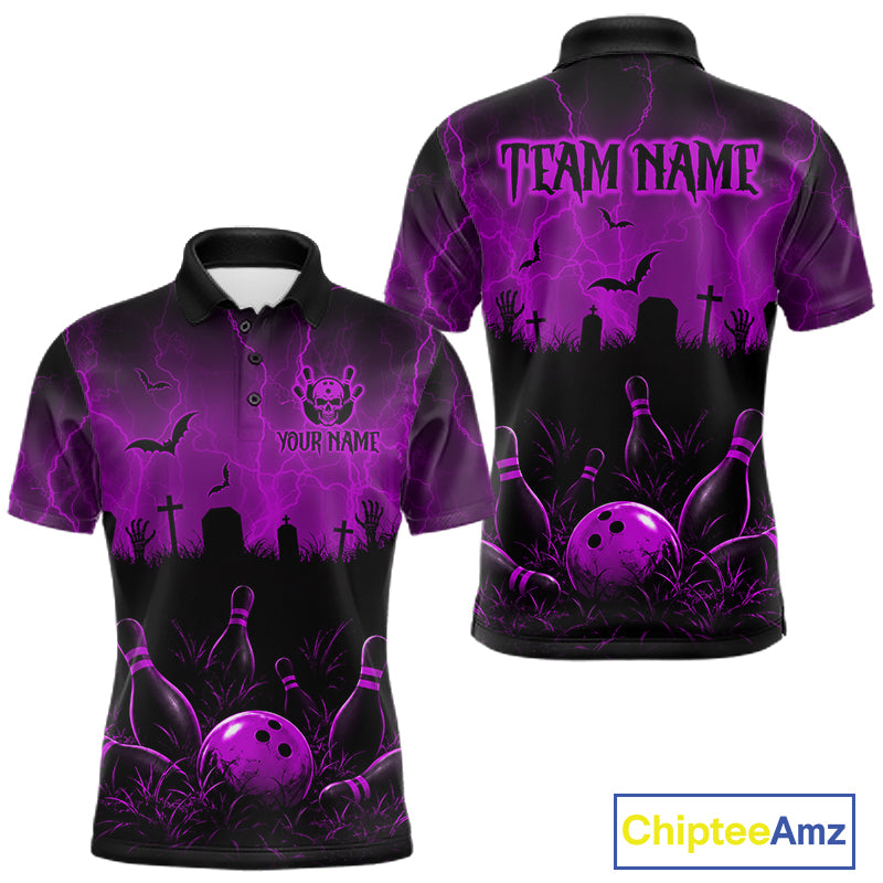 Purple Halloween Bowling Shirt, Personalized Skeleton Bowling Shirt With Custom Team Name For Men NHT1525