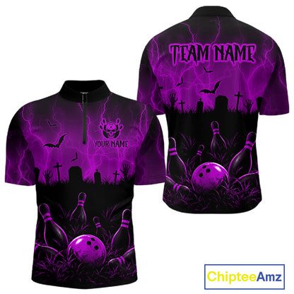 Purple Halloween Bowling Shirt, Personalized Skeleton Bowling Shirt With Custom Team Name For Men NHT1525
