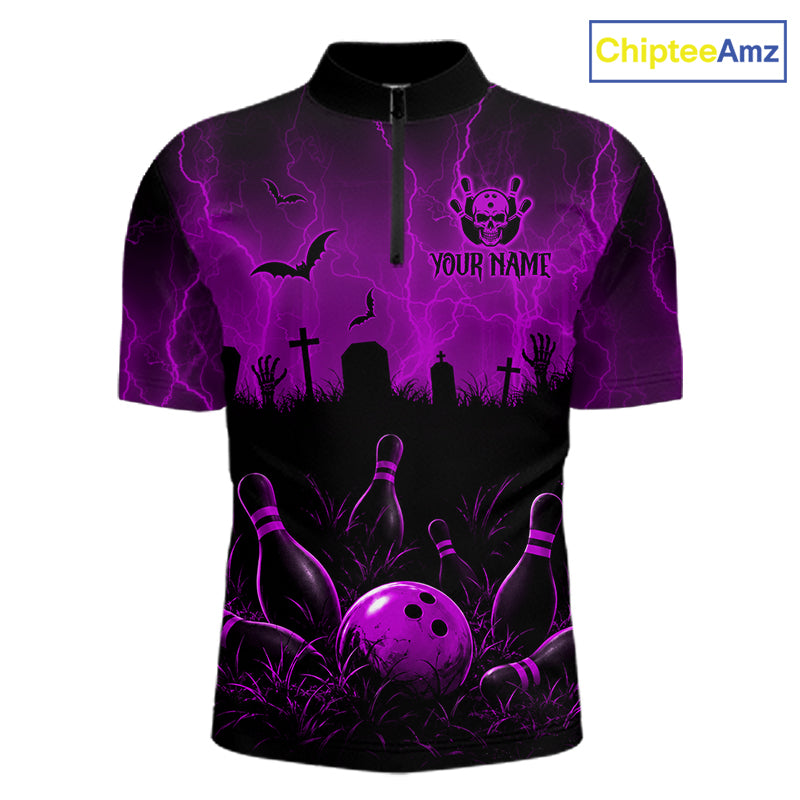 Purple Halloween Bowling Shirt, Personalized Skeleton Bowling Shirt With Custom Team Name For Men NHT1525