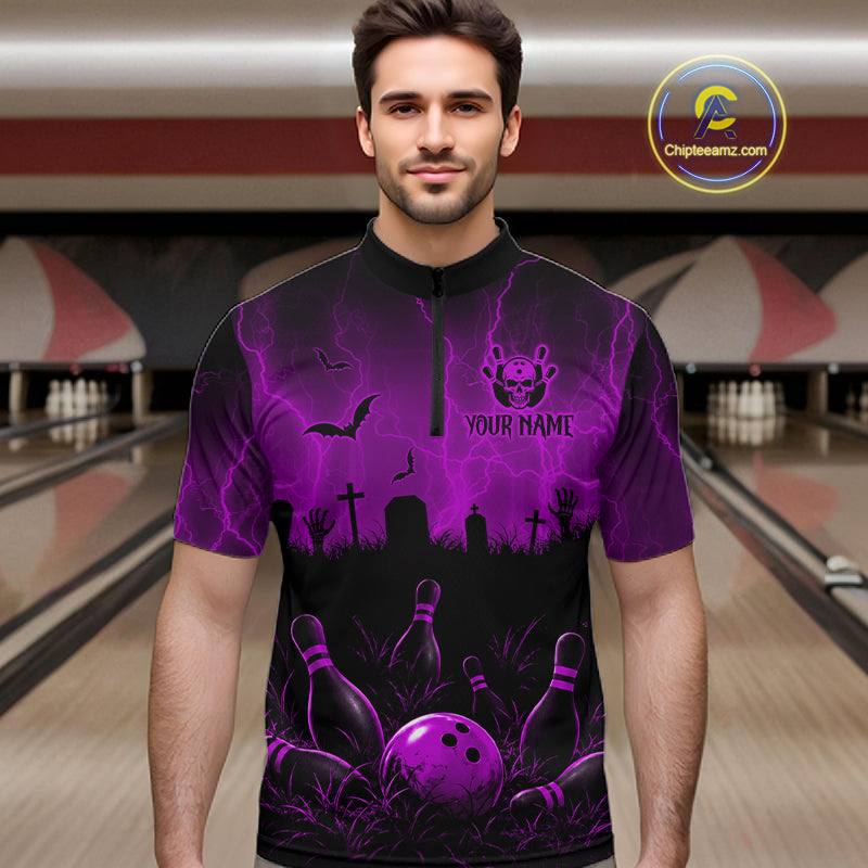 Purple Halloween Bowling Shirt, Personalized Skeleton Bowling Shirt With Custom Team Name For Men NHT1525
