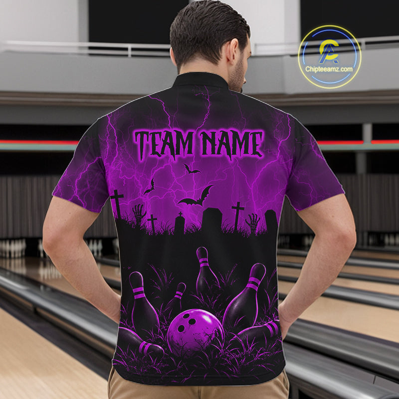 Purple Halloween Bowling Shirt, Personalized Skeleton Bowling Shirt With Custom Team Name For Men NHT1525