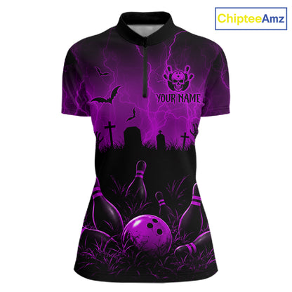 Purple Halloween Bowling Shirt, Personalized Skeleton Bowling Shirt With Custom Team Name For Women NHT1525
