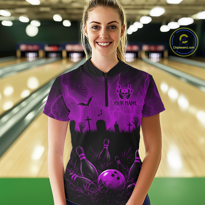 Purple Halloween Bowling Shirt, Personalized Skeleton Bowling Shirt With Custom Team Name For Women NHT1525