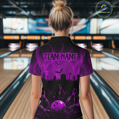 Purple Halloween Bowling Shirt, Personalized Skeleton Bowling Shirt With Custom Team Name For Women NHT1525