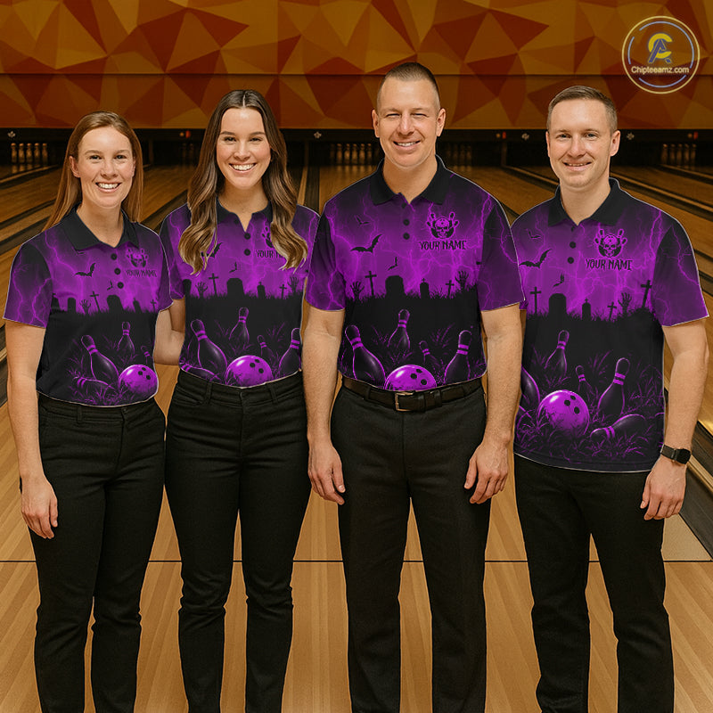 Purple Halloween Bowling Shirt, Personalized Skeleton Bowling Shirt With Custom Team Name For Men NHT1525