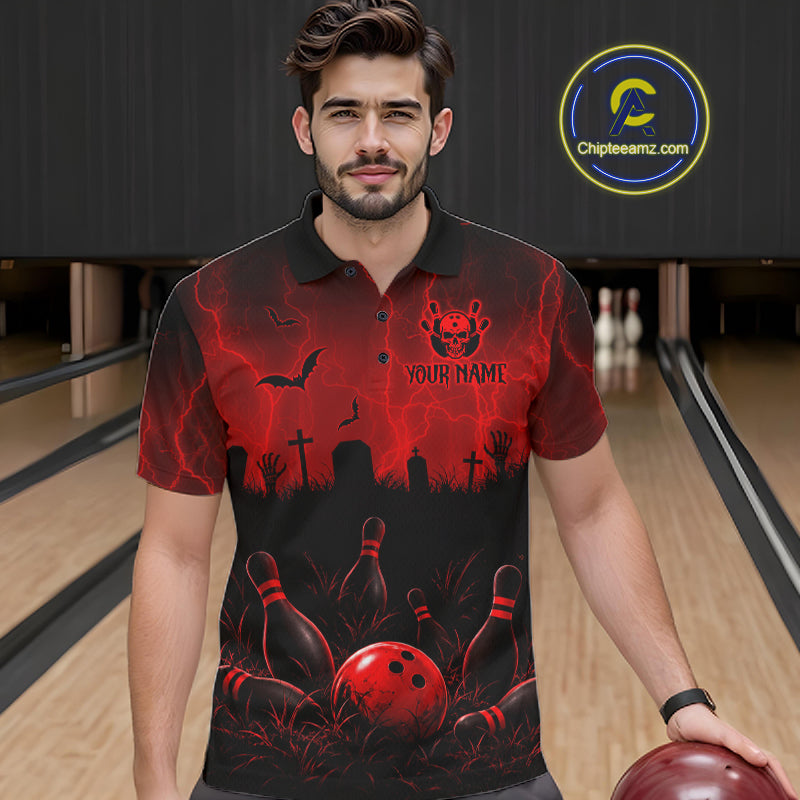 Red Halloween Bowling Shirt, Personalized Skeleton Bowling Shirt With Custom Team Name For Men NHT1526