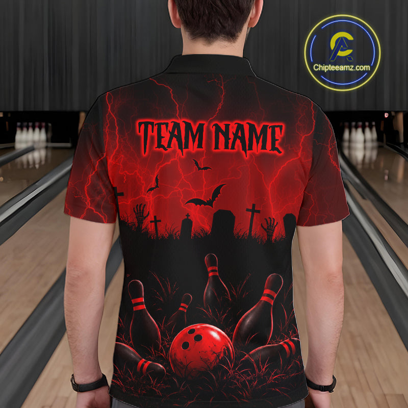 Red Halloween Bowling Shirt, Personalized Skeleton Bowling Shirt With Custom Team Name For Men NHT1526