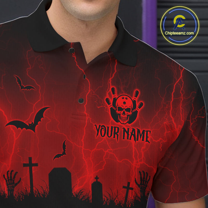 Red Halloween Bowling Shirt, Personalized Skeleton Bowling Shirt With Custom Team Name For Men NHT1526