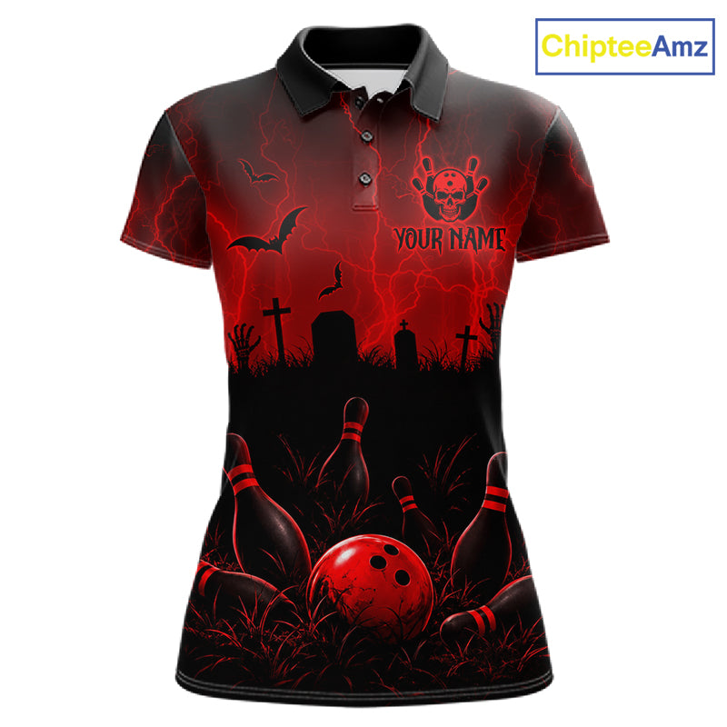 Red Halloween Bowling Shirt, Personalized Skeleton Bowling Shirt With Custom Team Name For Women NHT1526