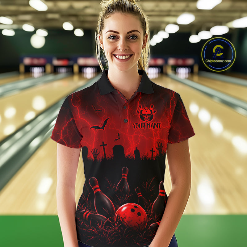 Red Halloween Bowling Shirt, Personalized Skeleton Bowling Shirt With Custom Team Name For Women NHT1526