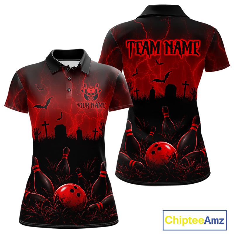 Red Halloween Bowling Shirt, Personalized Skeleton Bowling Shirt With Custom Team Name For Women NHT1526
