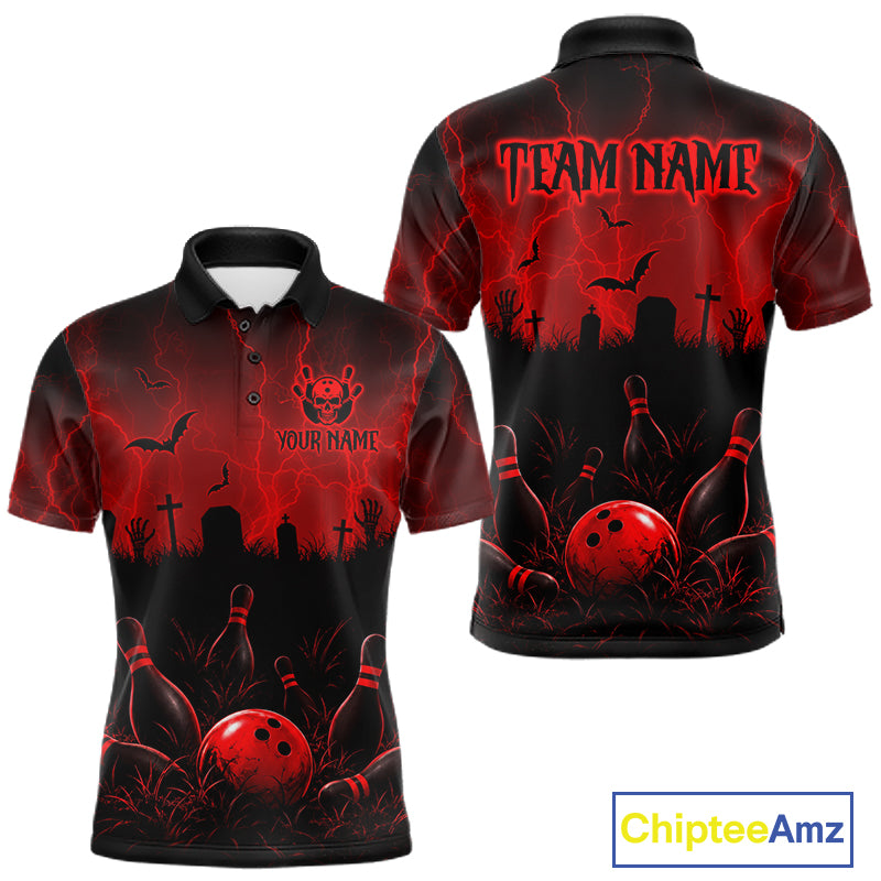 Red Halloween Bowling Shirt, Personalized Skeleton Bowling Shirt With Custom Team Name For Men NHT1526