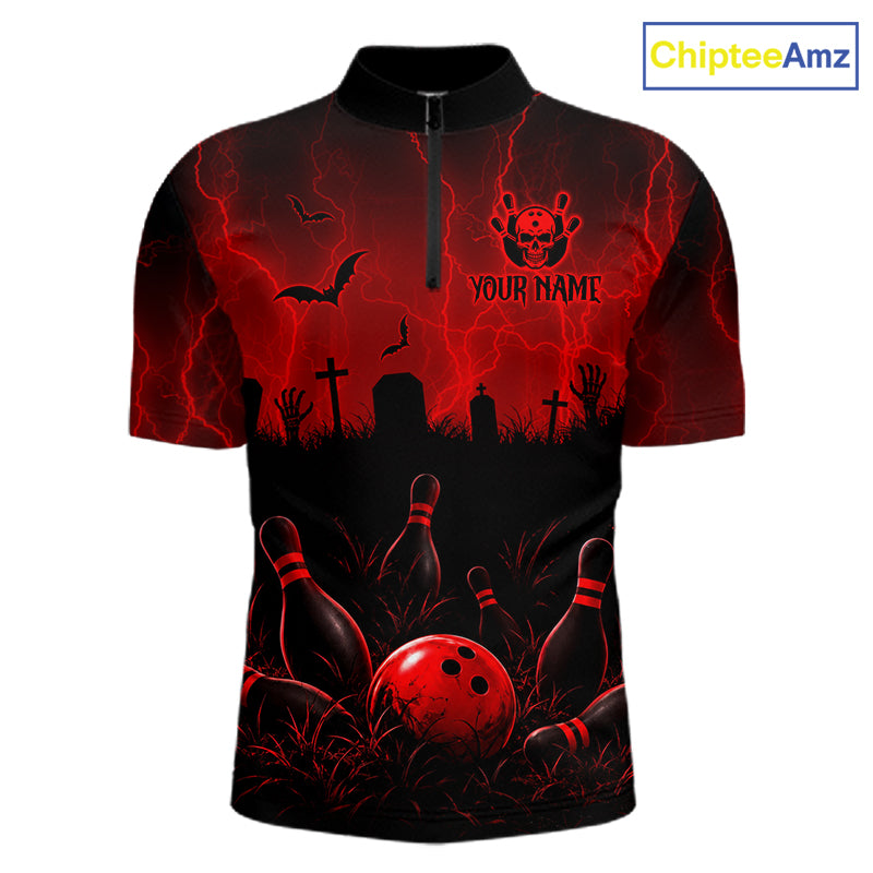 Red Halloween Bowling Shirt, Personalized Skeleton Bowling Shirt With Custom Team Name For Men NHT1526