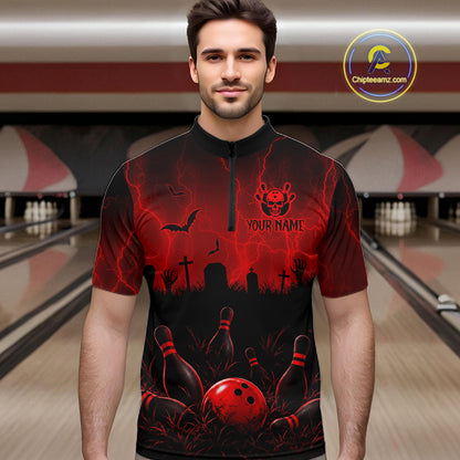 Red Halloween Bowling Shirt, Personalized Skeleton Bowling Shirt With Custom Team Name For Men NHT1526