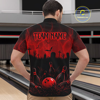 Red Halloween Bowling Shirt, Personalized Skeleton Bowling Shirt With Custom Team Name For Men NHT1526