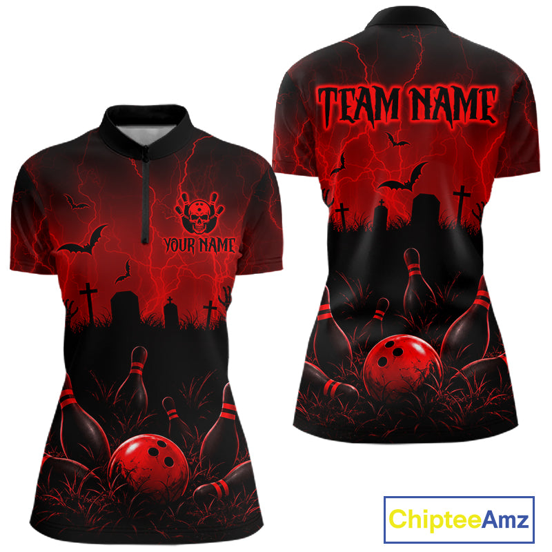 Red Halloween Bowling Shirt, Personalized Skeleton Bowling Shirt With Custom Team Name For Women NHT1526