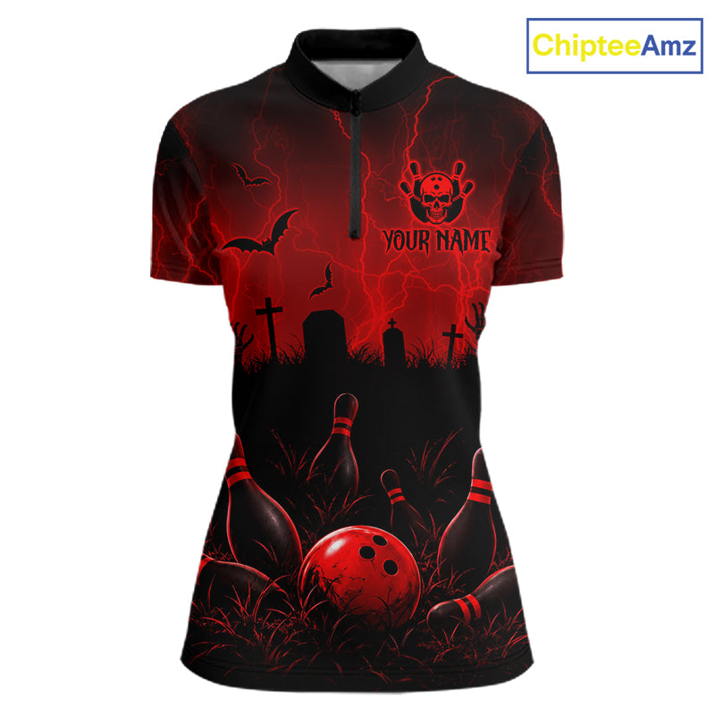 Red Halloween Bowling Shirt, Personalized Skeleton Bowling Shirt With Custom Team Name For Women NHT1526