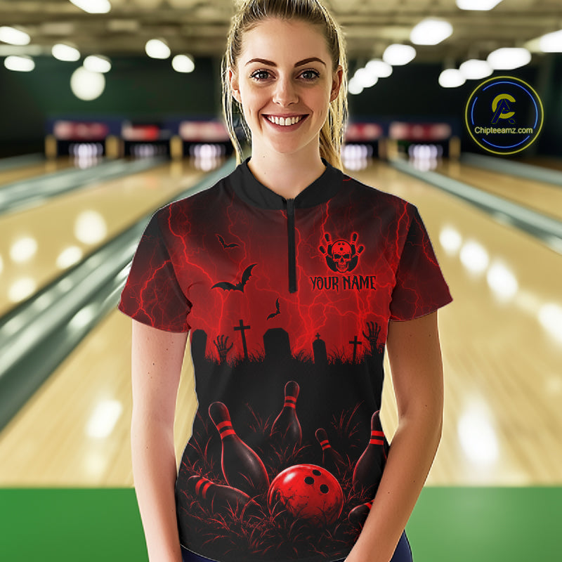 Red Halloween Bowling Shirt, Personalized Skeleton Bowling Shirt With Custom Team Name For Women NHT1526