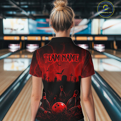 Red Halloween Bowling Shirt, Personalized Skeleton Bowling Shirt With Custom Team Name For Women NHT1526
