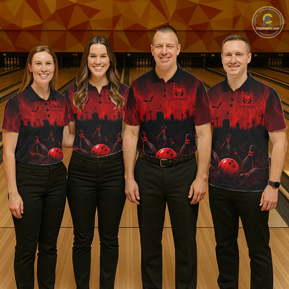 Red Halloween Bowling Shirt, Personalized Skeleton Bowling Shirt With Custom Team Name For Women NHT1526