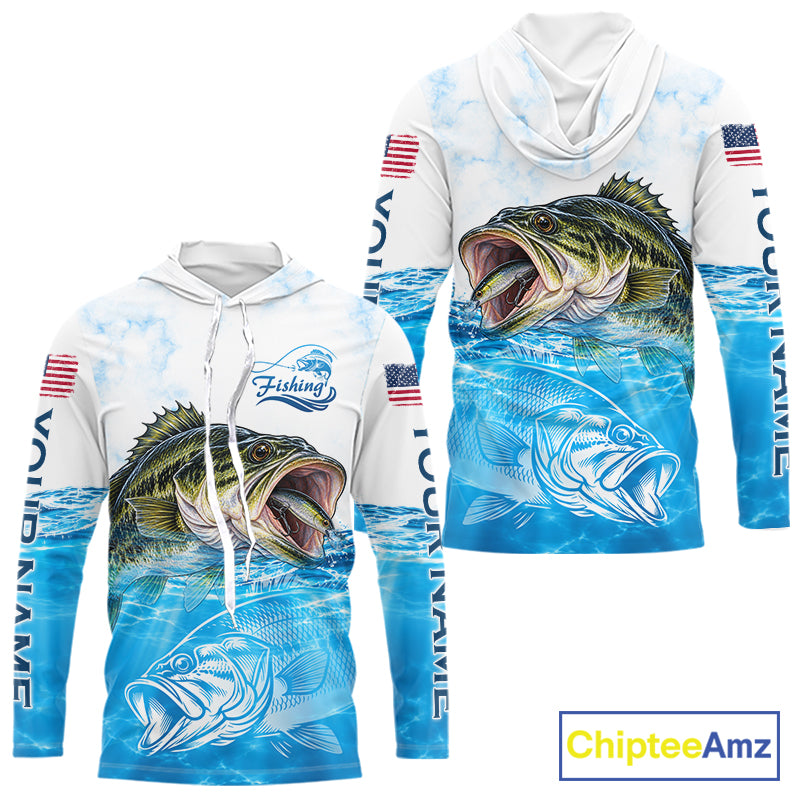 Blue Largemouth Bass Fishing Shirt Custom US Flag Blue Ocean Sports Long Sleeve Hooded Jersey NHT1700
