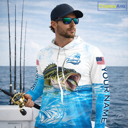 Blue Largemouth Bass Fishing Shirt Custom US Flag Blue Ocean Sports Long Sleeve Hooded Jersey NHT1700