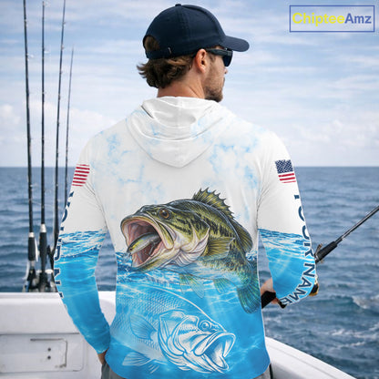 Blue Largemouth Bass Fishing Shirt Custom US Flag Blue Ocean Sports Long Sleeve Hooded Jersey NHT1700
