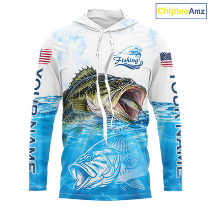 Blue Largemouth Bass Fishing Shirt Custom US Flag Blue Ocean Sports Long Sleeve Hooded Jersey NHT1700