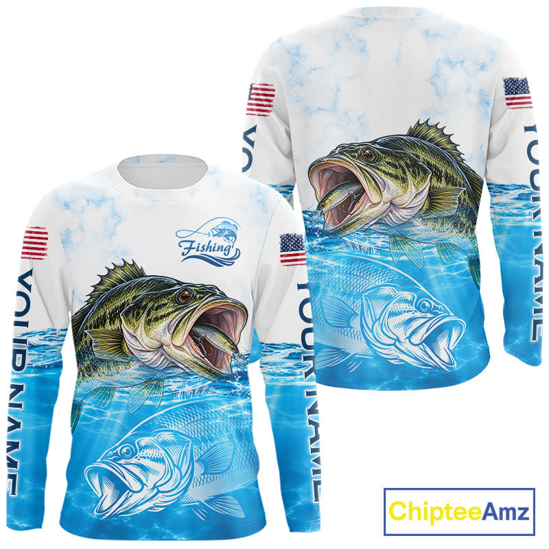 Blue Largemouth Bass Fishing Shirt Custom US Flag Blue Ocean Sports Long Sleeve Jersey NHT1700