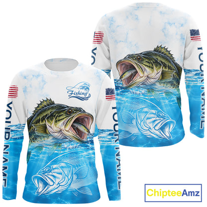 Blue Largemouth Bass Fishing Shirt Custom US Flag Blue Ocean Sports Long Sleeve Jersey NHT1700