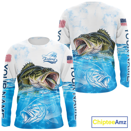 Blue Largemouth Bass Fishing Shirt Custom US Flag Blue Ocean Sports Long Sleeve Jersey NHT1700