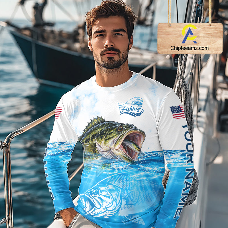Blue Largemouth Bass Fishing Shirt Custom US Flag Blue Ocean Sports Long Sleeve Jersey NHT1700