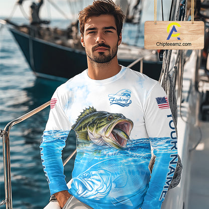 Blue Largemouth Bass Fishing Shirt Custom US Flag Blue Ocean Sports Long Sleeve Jersey NHT1700