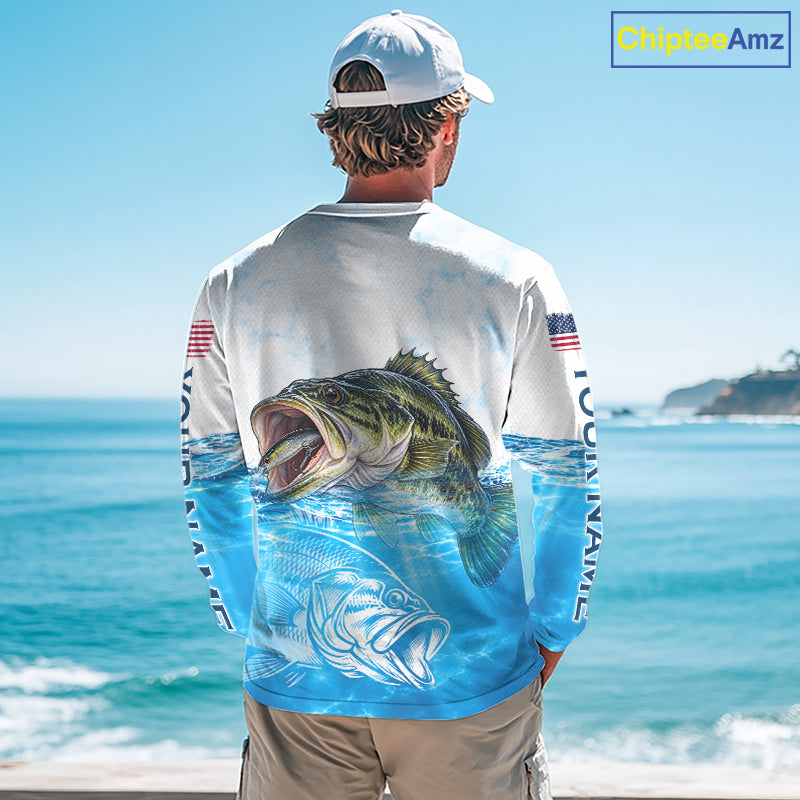 Blue Largemouth Bass Fishing Shirt Custom US Flag Blue Ocean Sports Long Sleeve Jersey NHT1700