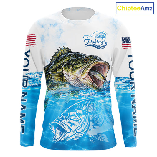 Blue Largemouth Bass Fishing Shirt Custom US Flag Blue Ocean Sports Long Sleeve Jersey NHT1700