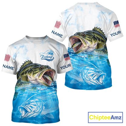 Blue Largemouth Bass Fishing Shirt Custom US Flag Blue Ocean Sports Short Sleeve Jersey NHT1700