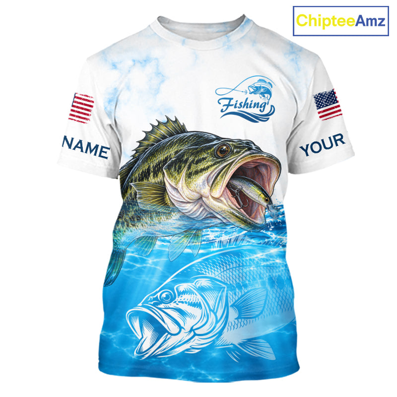Blue Largemouth Bass Fishing Shirt Custom US Flag Blue Ocean Sports Short Sleeve Jersey NHT1700