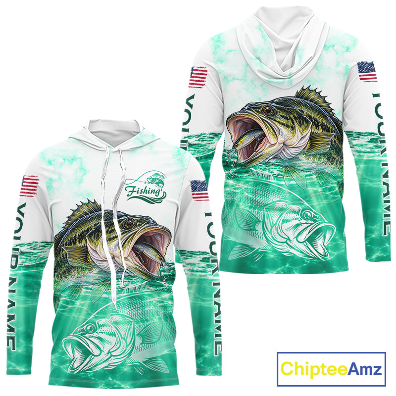 Green Largemouth Bass Fishing Shirt Custom US Flag Blue Ocean Sports Long Sleeve Hooded Jersey NHT1701
