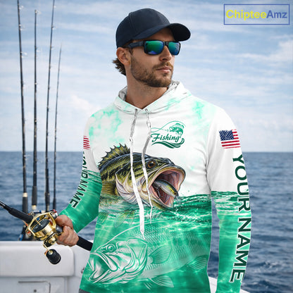 Green Largemouth Bass Fishing Shirt Custom US Flag Blue Ocean Sports Long Sleeve Hooded Jersey NHT1701