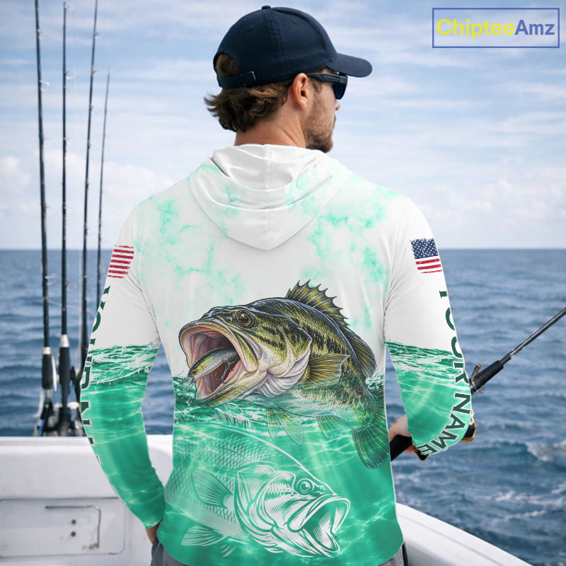 Green Largemouth Bass Fishing Shirt Custom US Flag Blue Ocean Sports Long Sleeve Hooded Jersey NHT1701