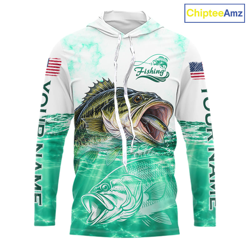 Green Largemouth Bass Fishing Shirt Custom US Flag Blue Ocean Sports Long Sleeve Hooded Jersey NHT1701