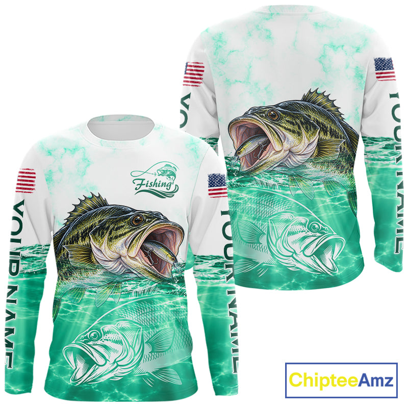Green Largemouth Bass Fishing Shirt Custom US Flag Blue Ocean Sports Long Sleeve Jersey NHT1701
