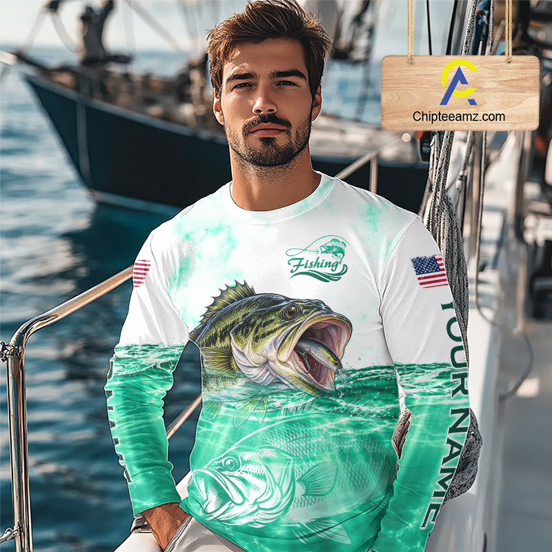 Green Largemouth Bass Fishing Shirt Custom US Flag Blue Ocean Sports Long Sleeve Jersey NHT1701
