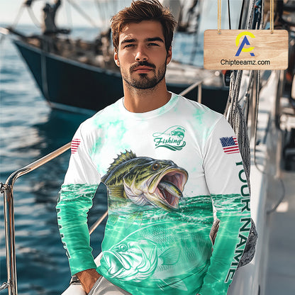 Green Largemouth Bass Fishing Shirt Custom US Flag Blue Ocean Sports Long Sleeve Jersey NHT1701
