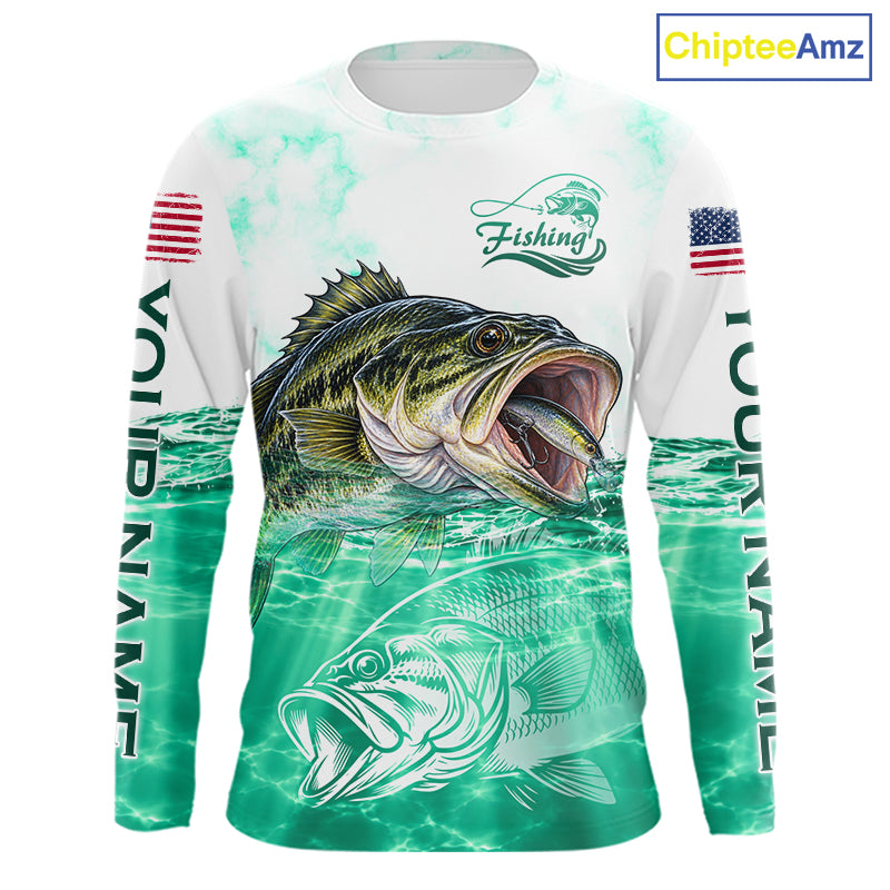 Green Largemouth Bass Fishing Shirt Custom US Flag Blue Ocean Sports Long Sleeve Jersey NHT1701