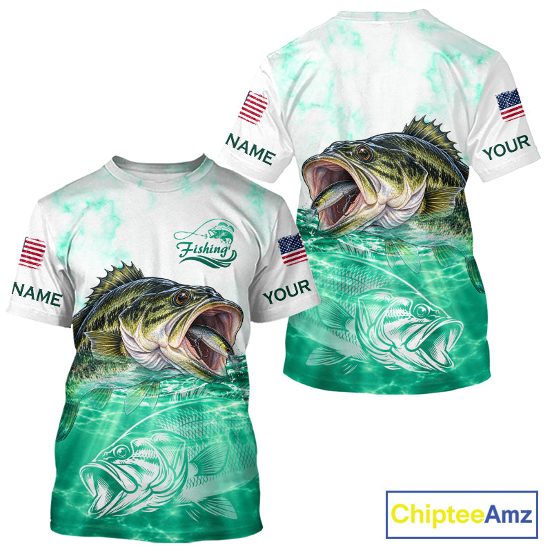 Green Largemouth Bass Fishing Shirt Custom US Flag Blue Ocean Sports Short Sleeve Jersey NHT1701