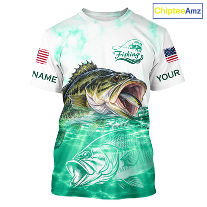 Green Largemouth Bass Fishing Shirt Custom US Flag Blue Ocean Sports Short Sleeve Jersey NHT1701
